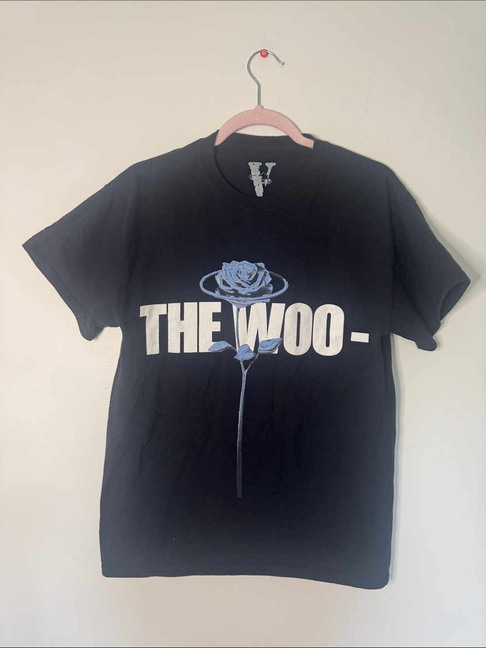 VLONE Black Tee with Blue Rose "THE WOO" Print